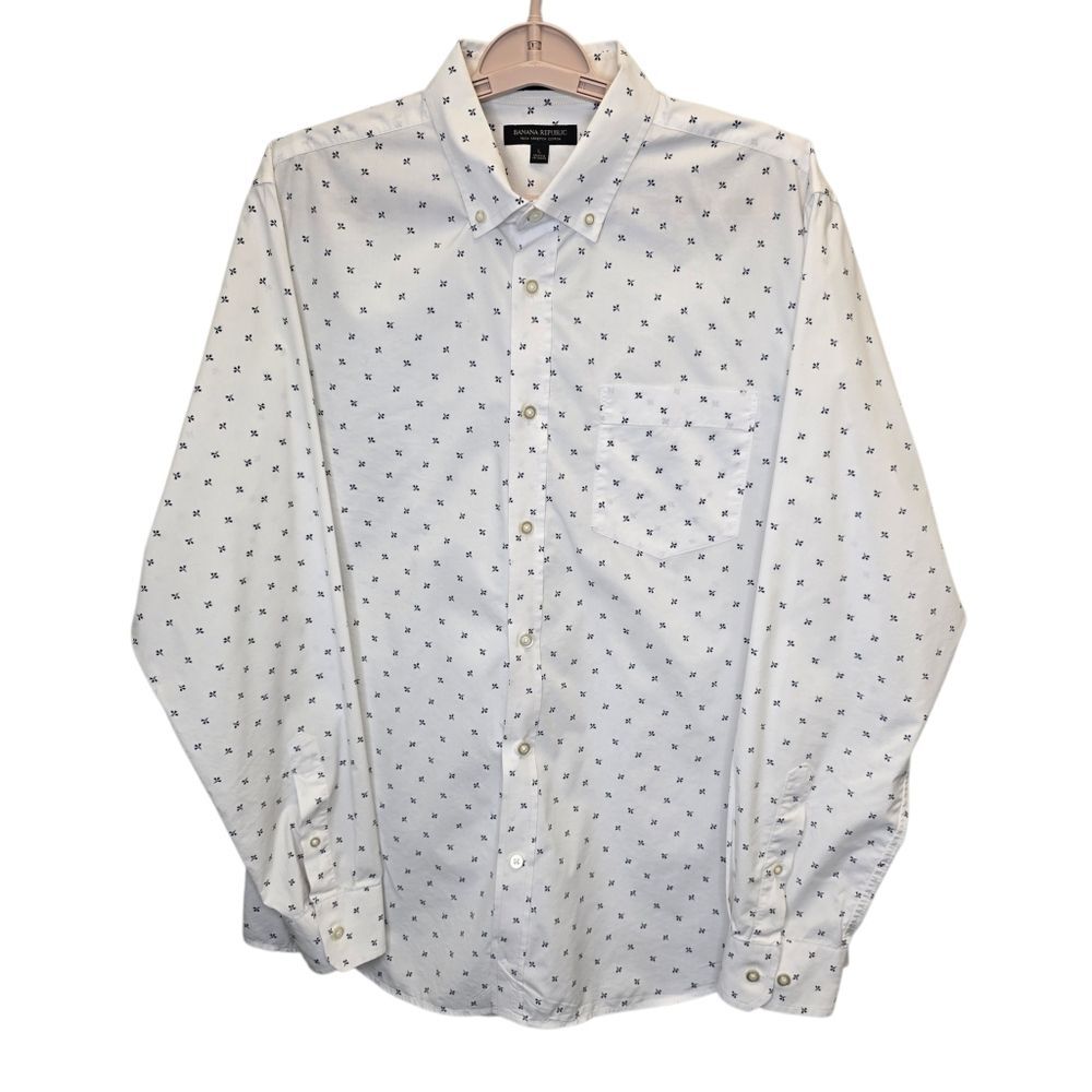 Banana Republic Mens L Tech Stretch Cotton White Blue Floral Pattern Shirt